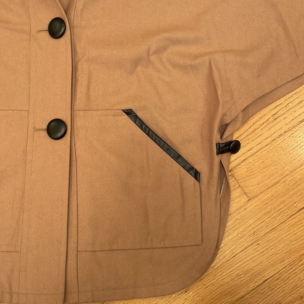 Halogen Wool Camel Colored Poncho With Black Pipi… - image 3